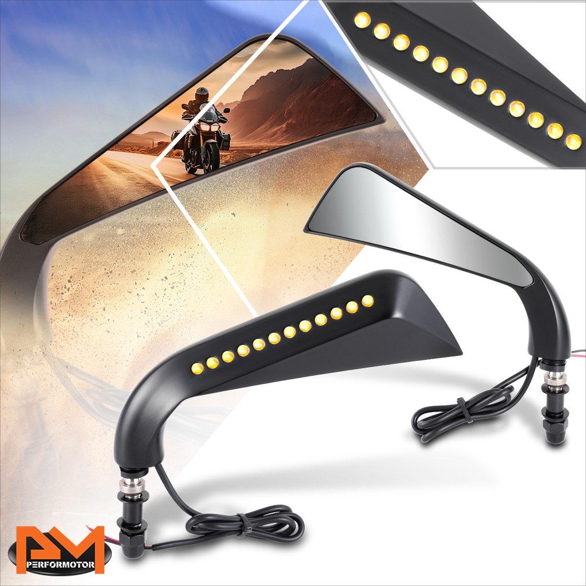 Universal Axe Side Mirrors w/ LED Turn Signal Light Black for Naked Bike Cruiser
