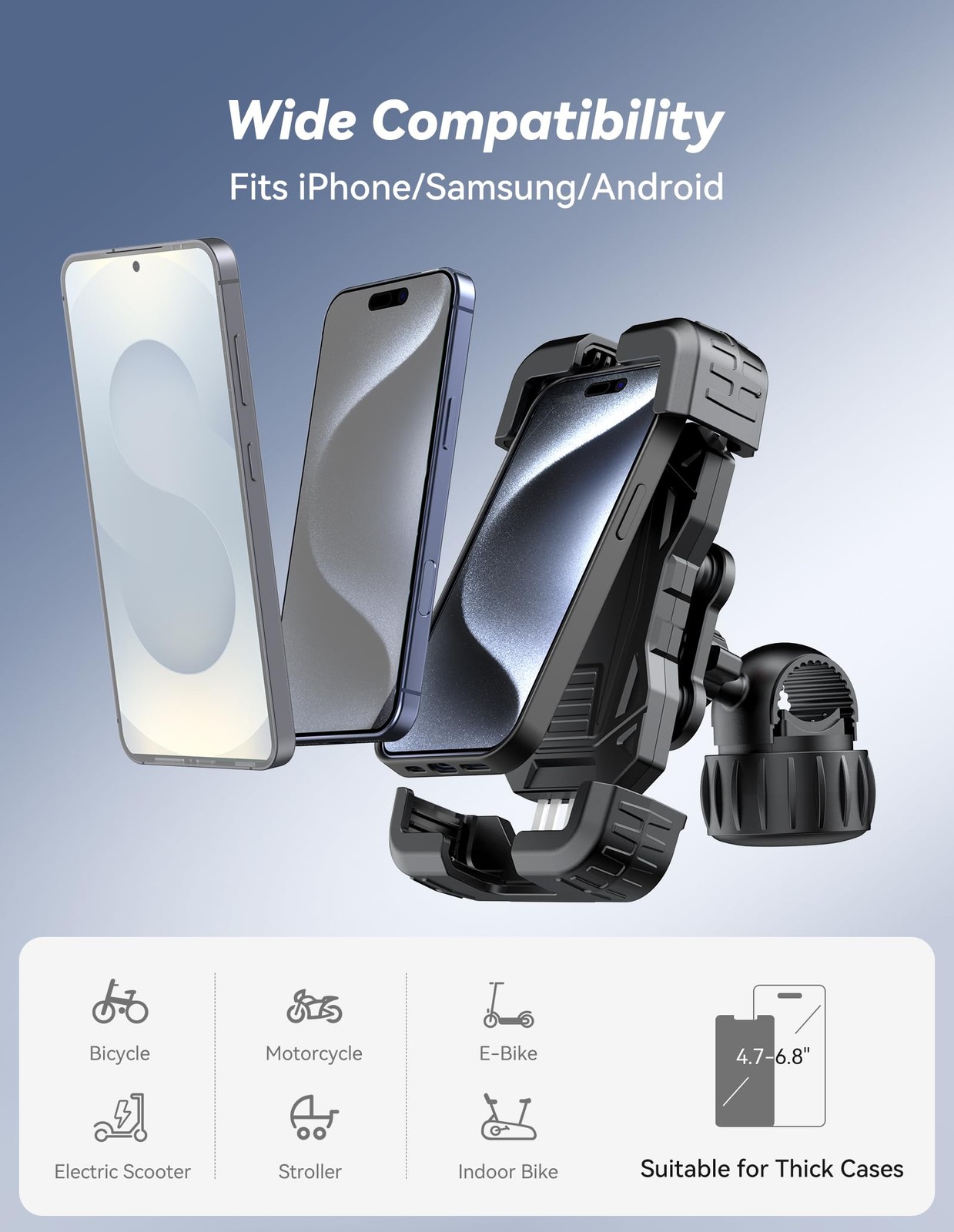 TECKNET Motorcycle Phone Mount, Bike Holder for 4.7–6.8″ Phones Black