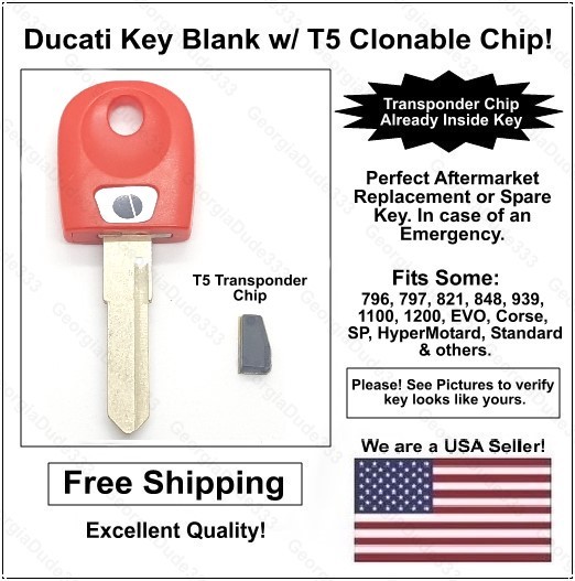 Ducati Aftermarket Double Sided Red Key Blank with T5 Transponder Chip Inside!