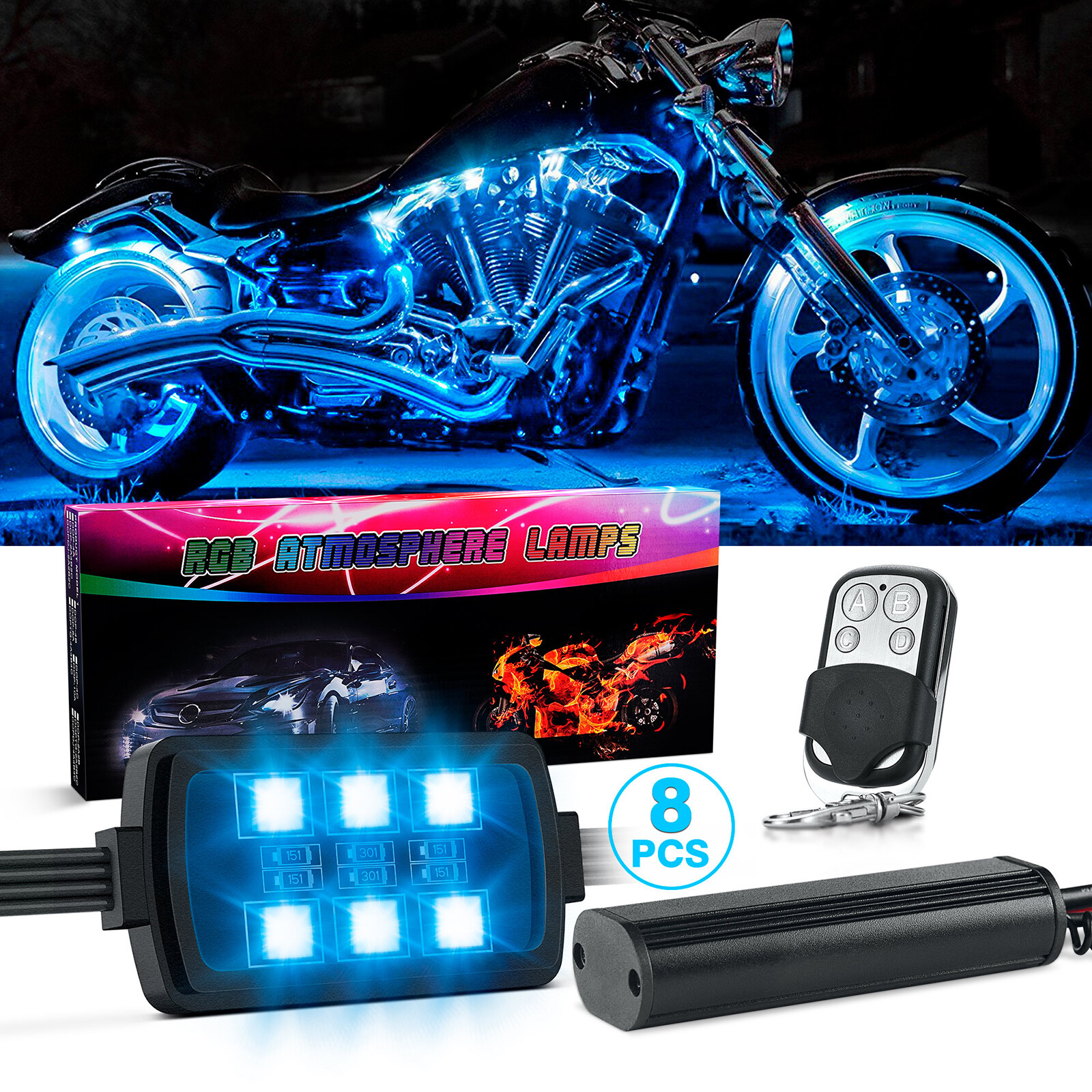 MICTUNING 8 Pods Motorcycle RGB LED Lights Accent Lighting Multi-Color Off Road