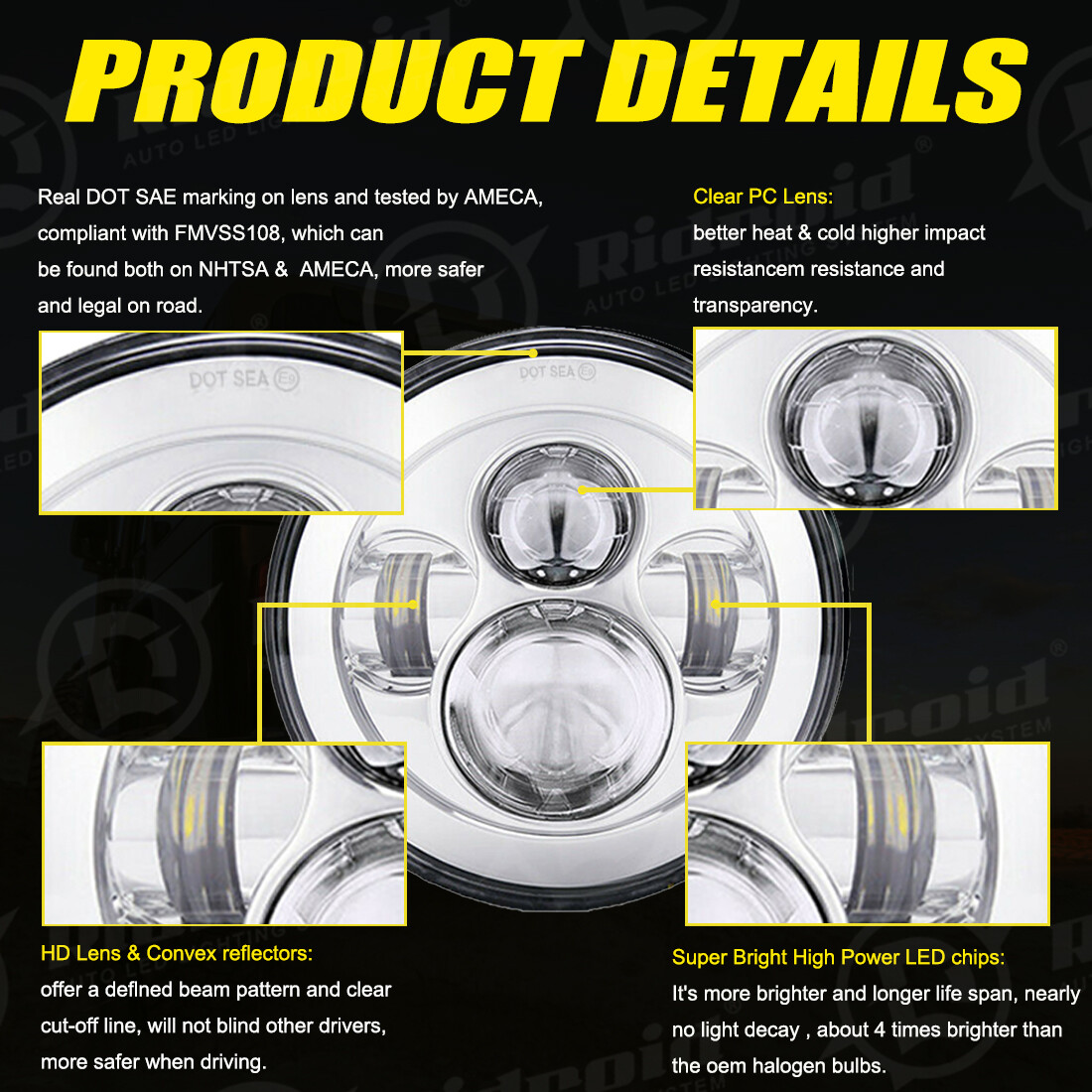 7″inch LED Projector Chrome Hi/Lo Headlight For Harley Street Glide Softail FLHX