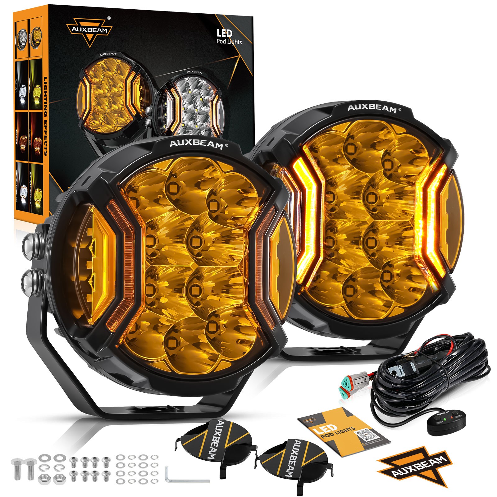 AUXBEAM 5″ Motorcycle LED Pods Driving Lights Hyper Spot Beam Amber DRL + Covers