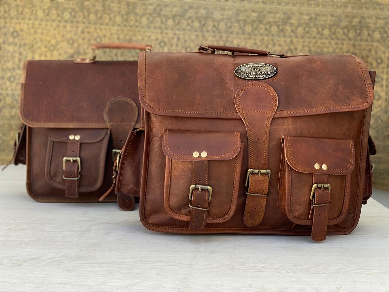 15 Inch X Large Leather Motorcycle Pouch Panniers Saddle Side 3 Bags Saddlebags