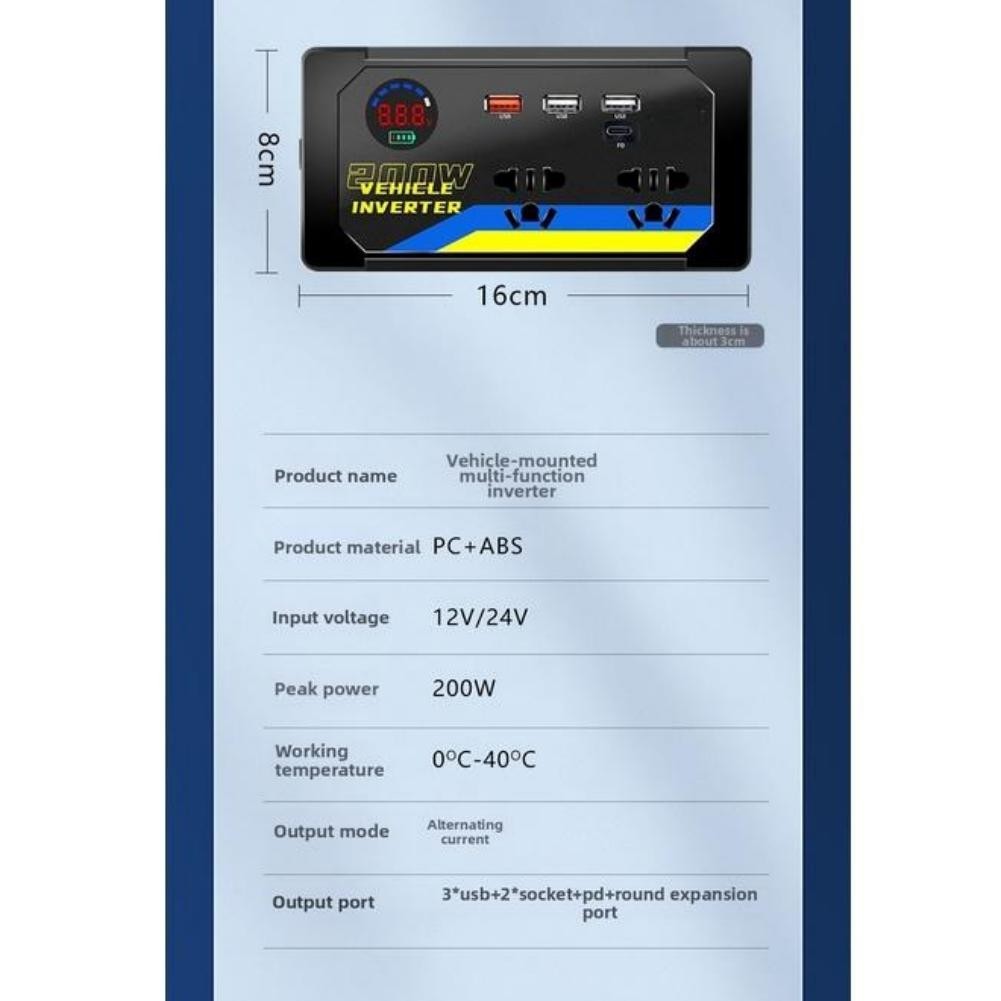 12V 24V DC Car Inverter 200W to 110V 220V AC with 3 USB Ports for Fast Charging