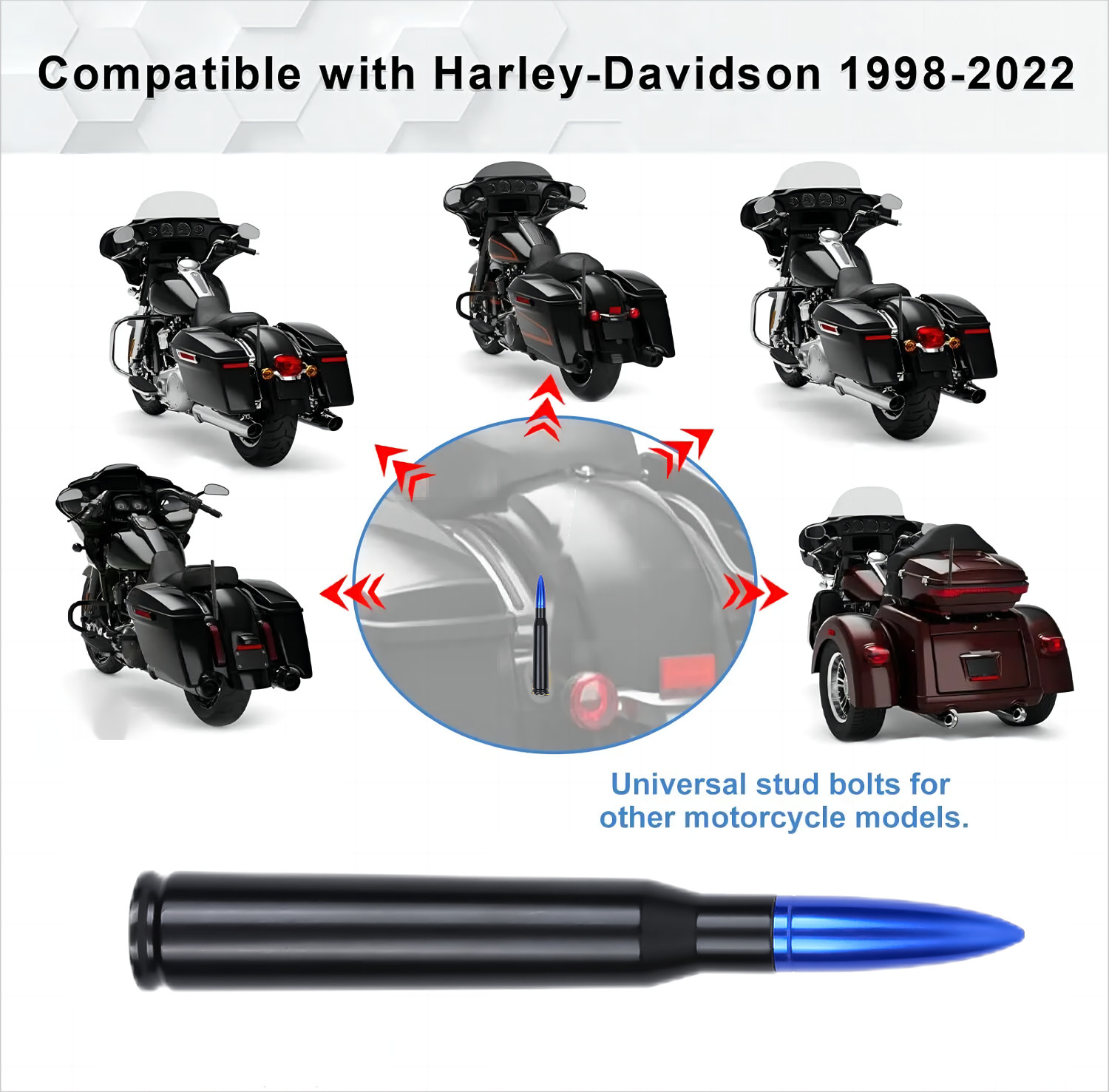 MOTORCYCLE 5.3” 50CAL BULLET ANTENNA MAST RADIO AM/FM FITS FOR HARLEY DAVIDSON