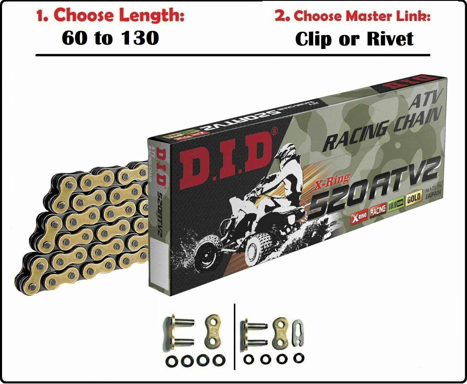 D.I.D DID 520 ATV2 Xring ATV Drive Chain Gold with Clip or Rivet Master Link