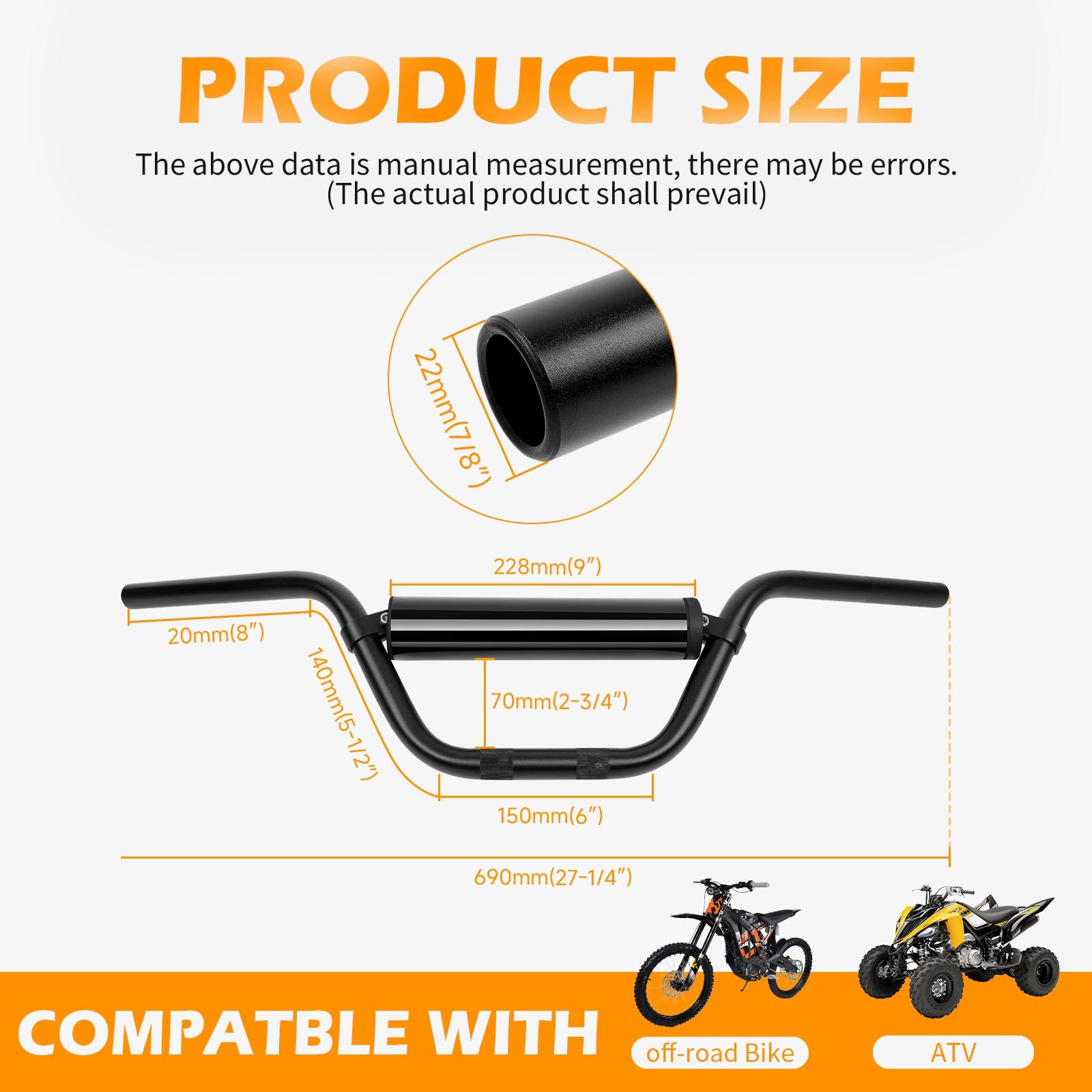 Aluminum 7/8″ 22mm Mid Handlebars w/ Foam Pad For Kawasaki Z125 PRO Z250 Z400
