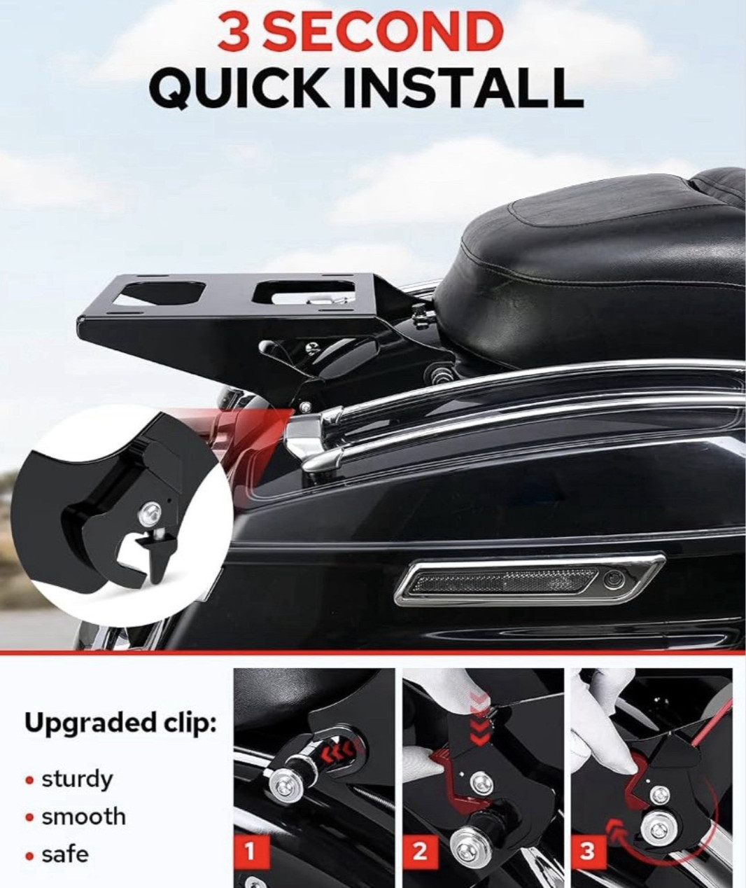 Detachable 2-Up Tour Pak Mount Rack Harley Touring 2014-2024 Black