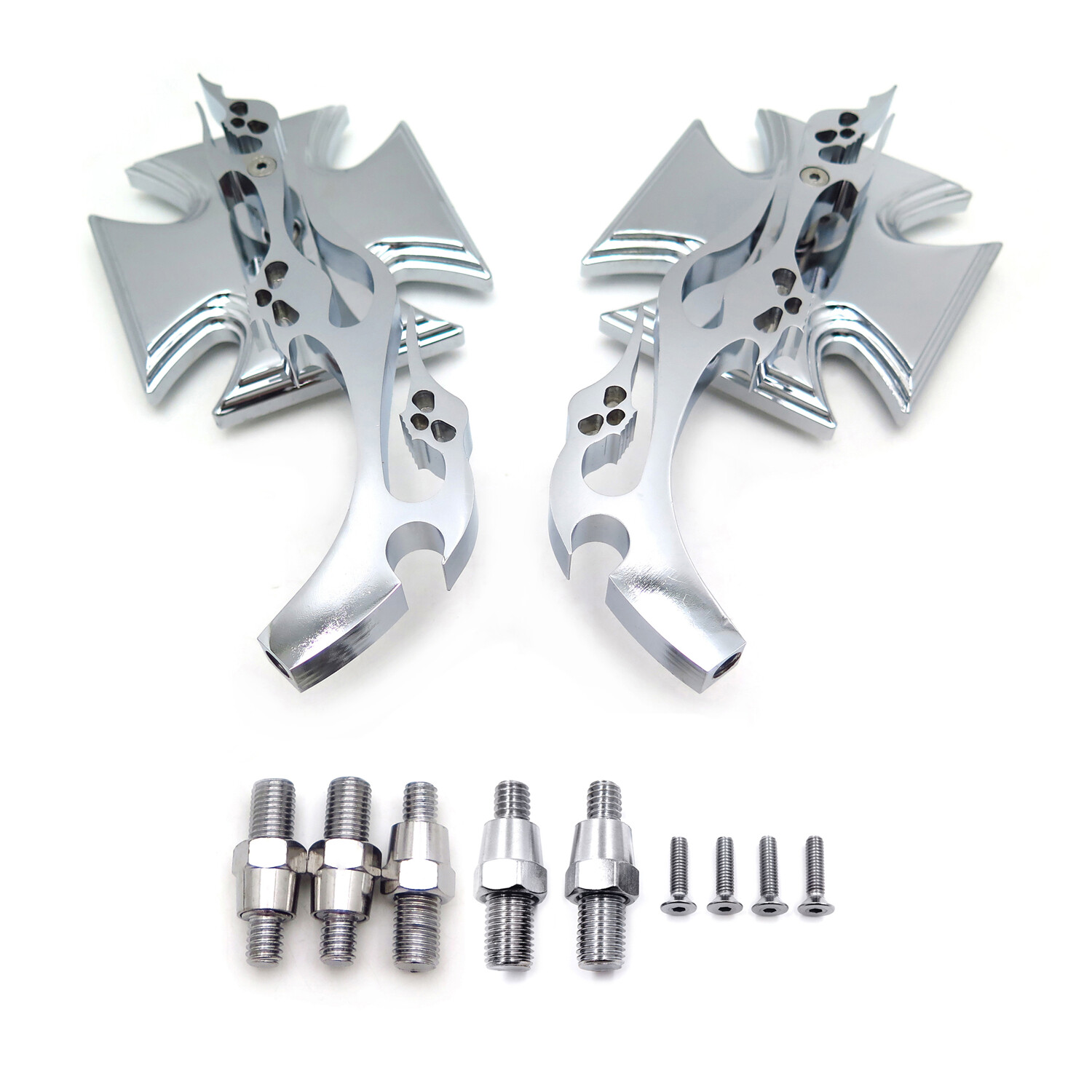Maltese Cross Flame Chrome Billet Custom Running Acrylic Mirrors Universal Fit