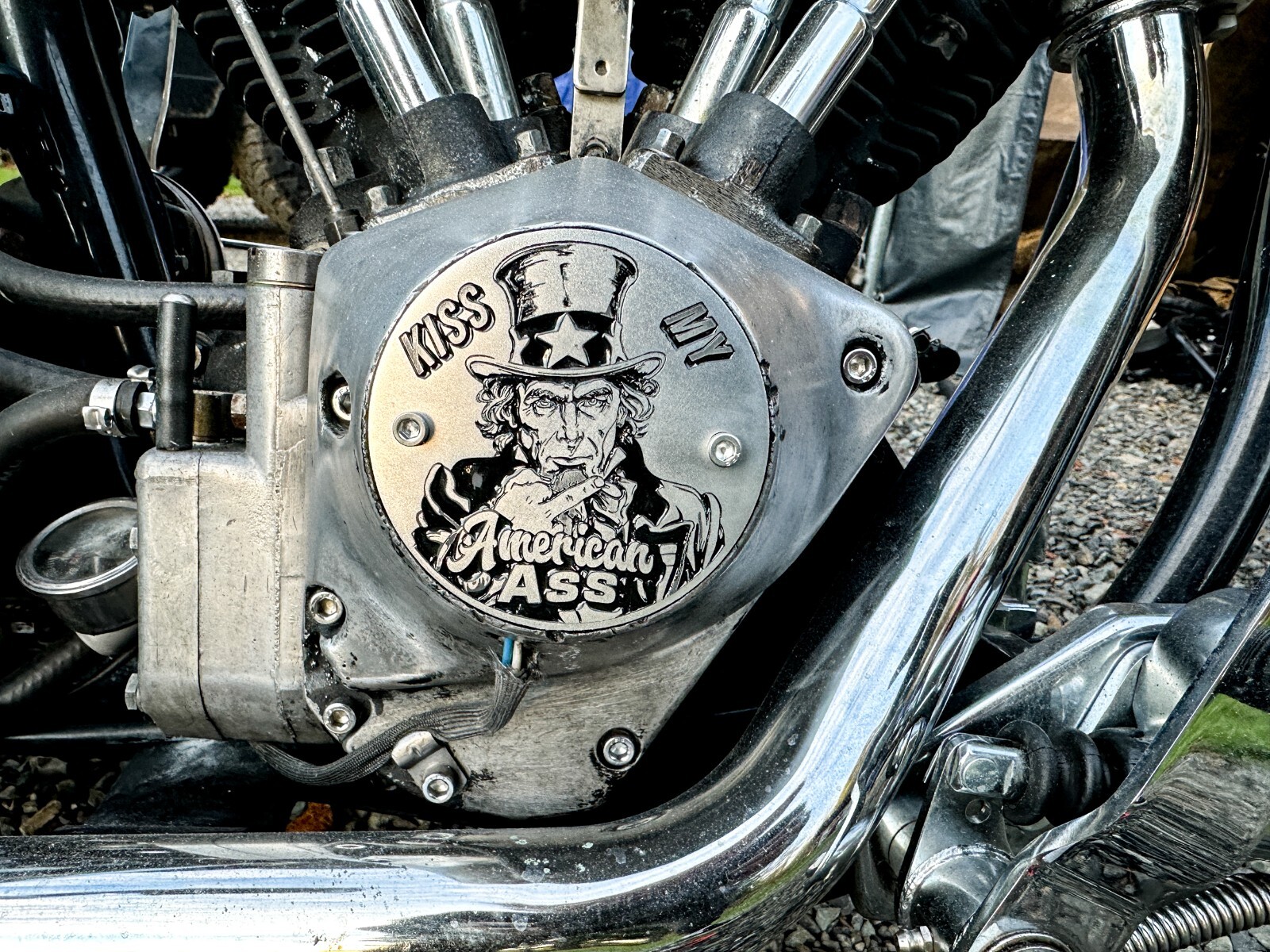 Kiss My American Ass Uncle Sam Evo Shovelhead 2Hole Timing Cover Harley Davidson
