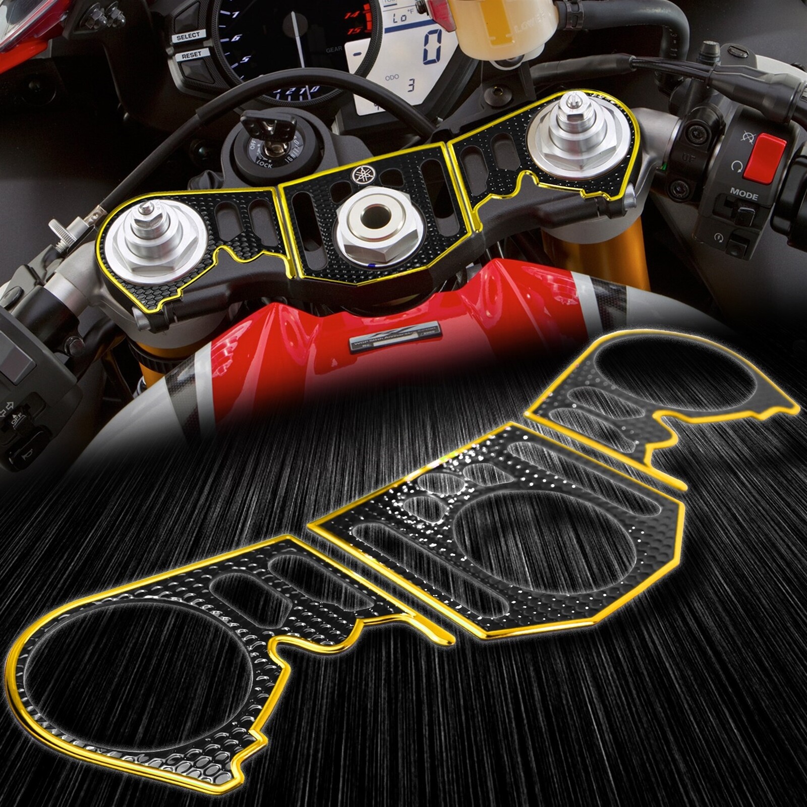 Handle Bar Yoke Cover Black+2-Tone Gold R1 Logo Emblem Sticker Kit 12-14 YZFR1