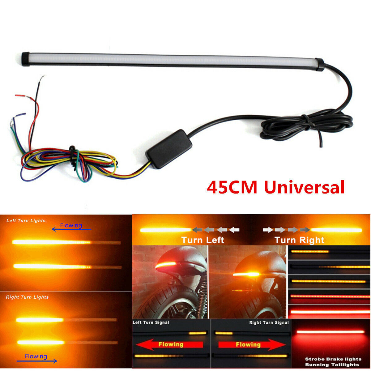 45cm Motorcycle Sequential Flowing LED Tail DRL Brake Turn Signal Strobe Light