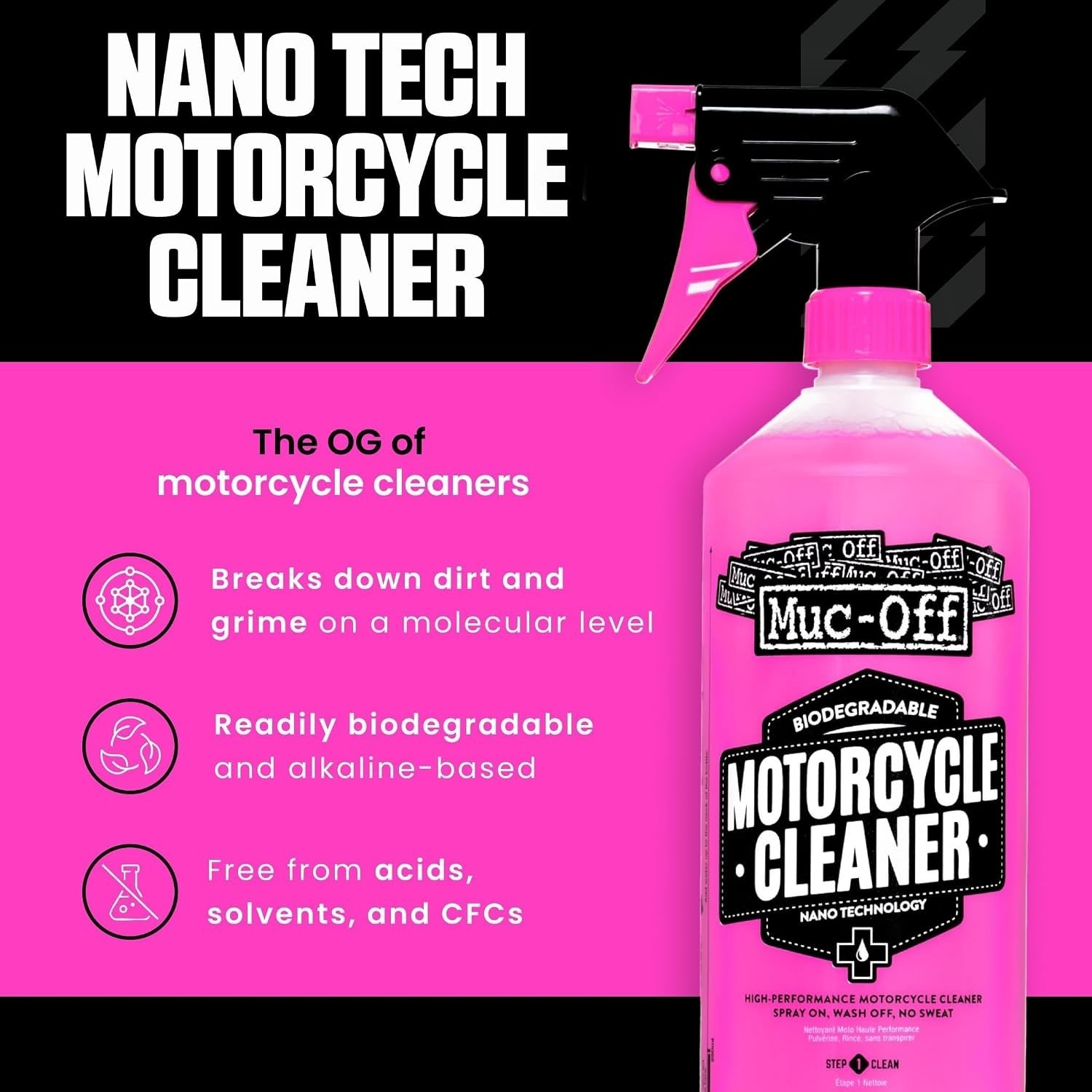 Nano-Tech Motorcycle Cleaner 1 Liter Biodegradable Pink Spray All Surfaces