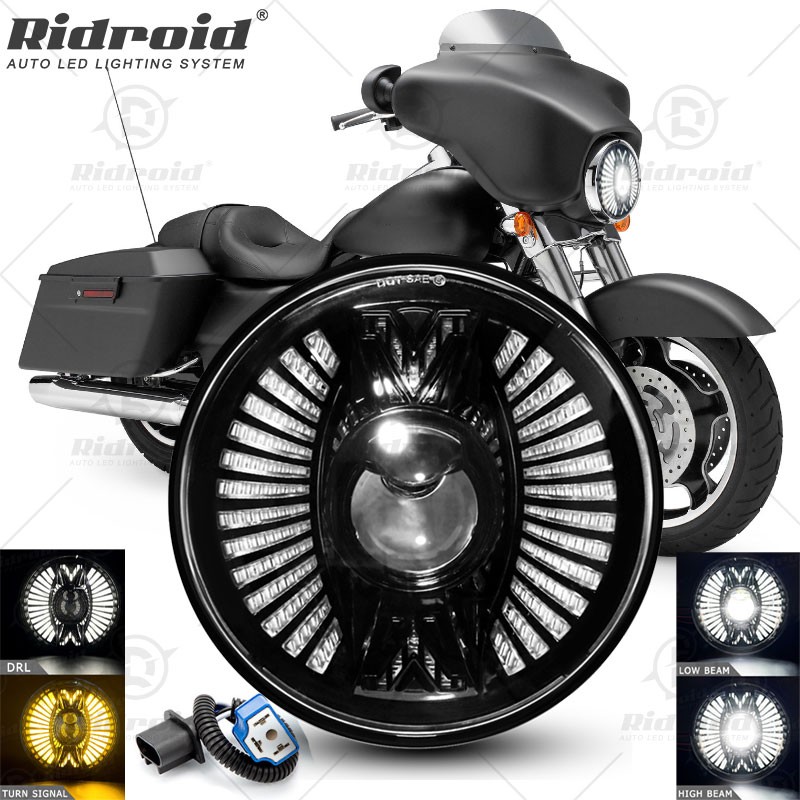 7″inch Round Motorcycle LED Headlight Hi/Lo Beam Turn Signal DRL Lamp For Harley