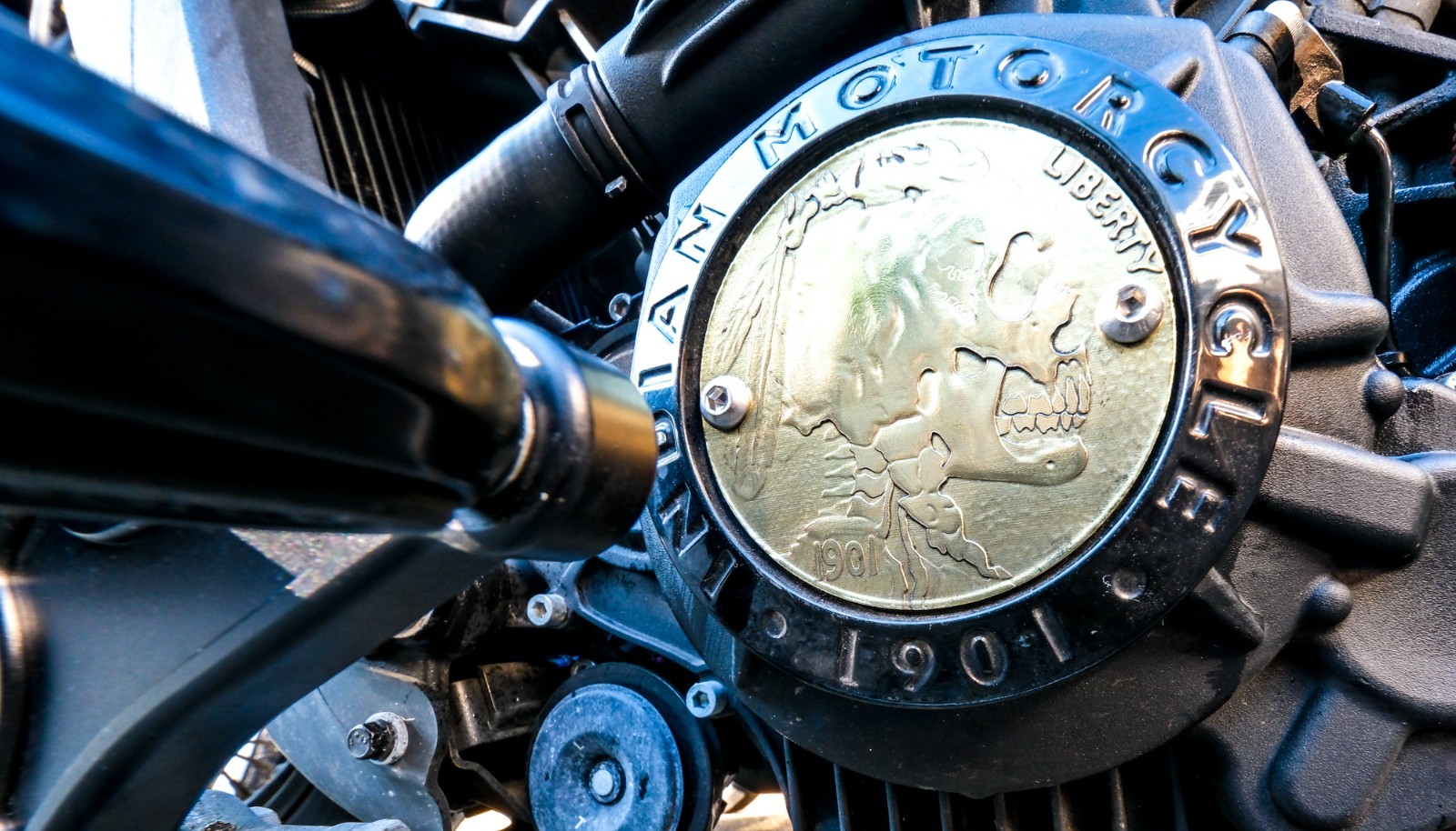Carved Solid Brass Chief Skull Hobo Nickel Indian Scout Motorcycle Stator Cover