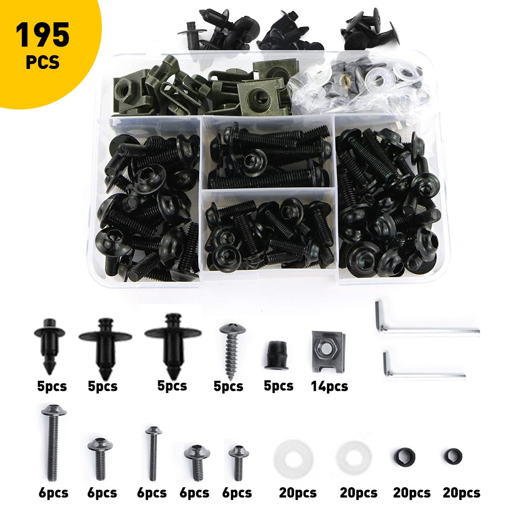 195PCS Universal Black Fairing Bolt Kit Motorcycle Windscreen Screws Fasteners