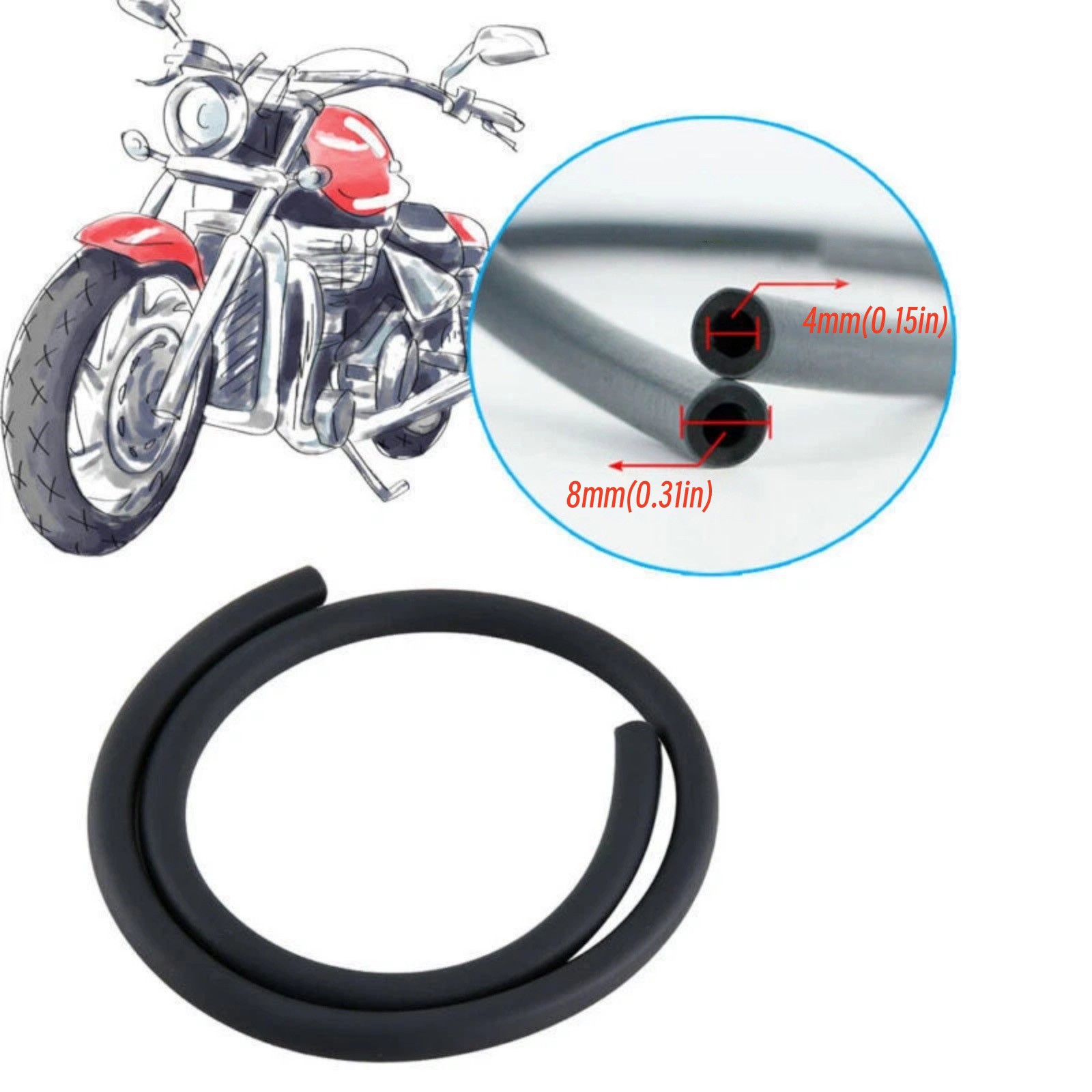 4mm ID 8mm OD Black Fuel Line Hose Universal Fit Small Engines w/Install Rings