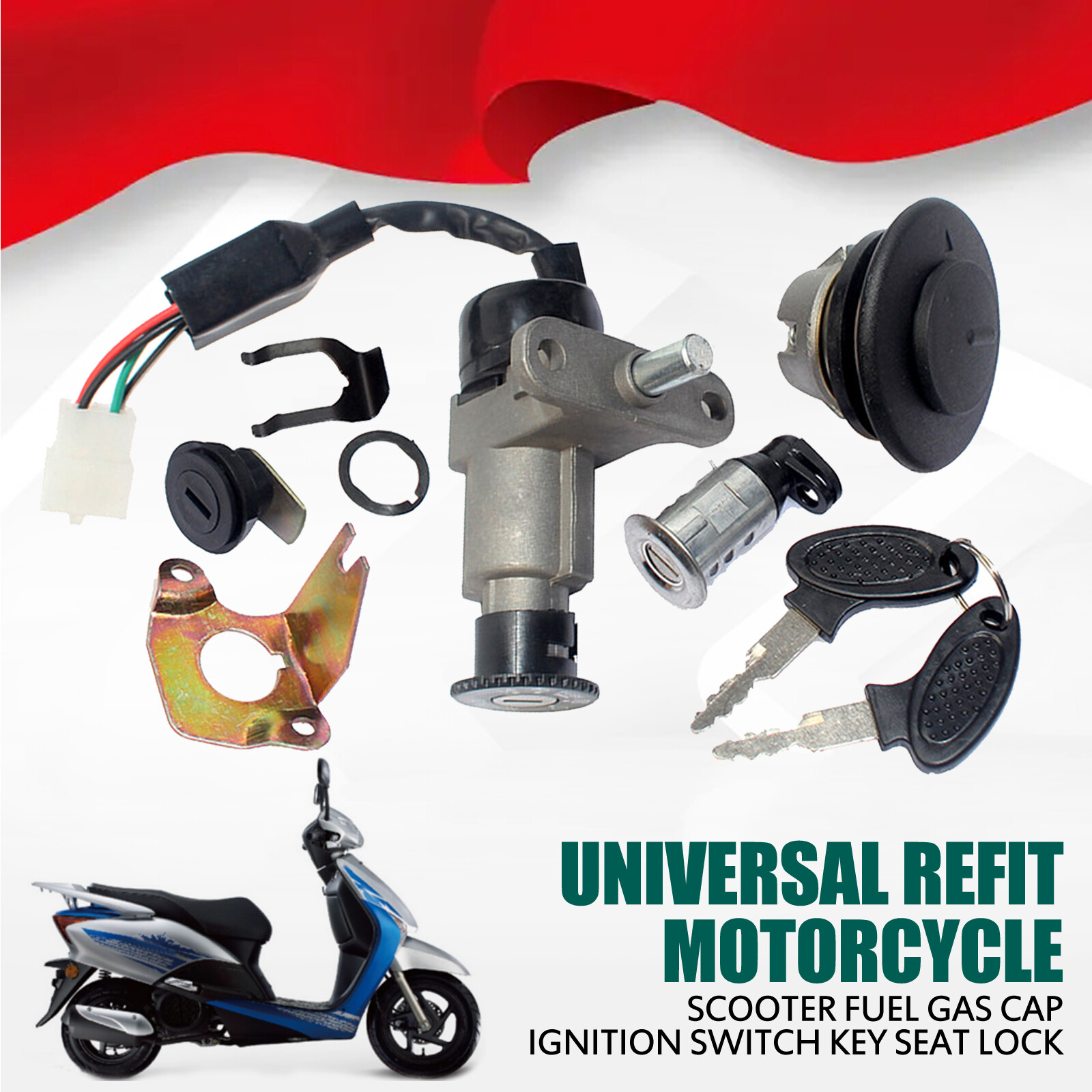 Universal Motorcycle Scooter Fuel Gas Cap Ignition Switch Key Seat Lock Set