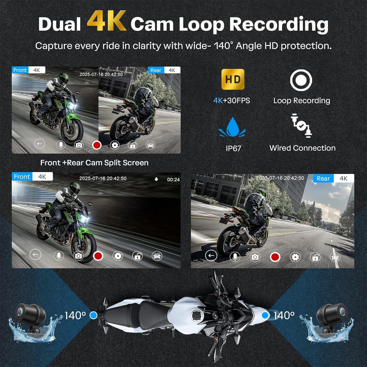 7″ Motorcycle Carplay with TPMS GPS Dual 4K Dash Cam Bluetooth Audio BSD 64GB