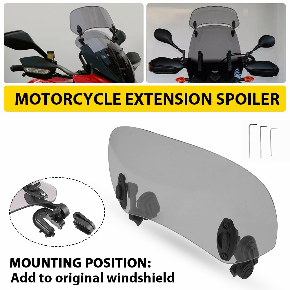 Smoke Motorcycle Clip On Windshield Wind Screen Deflector Extension Spoiler