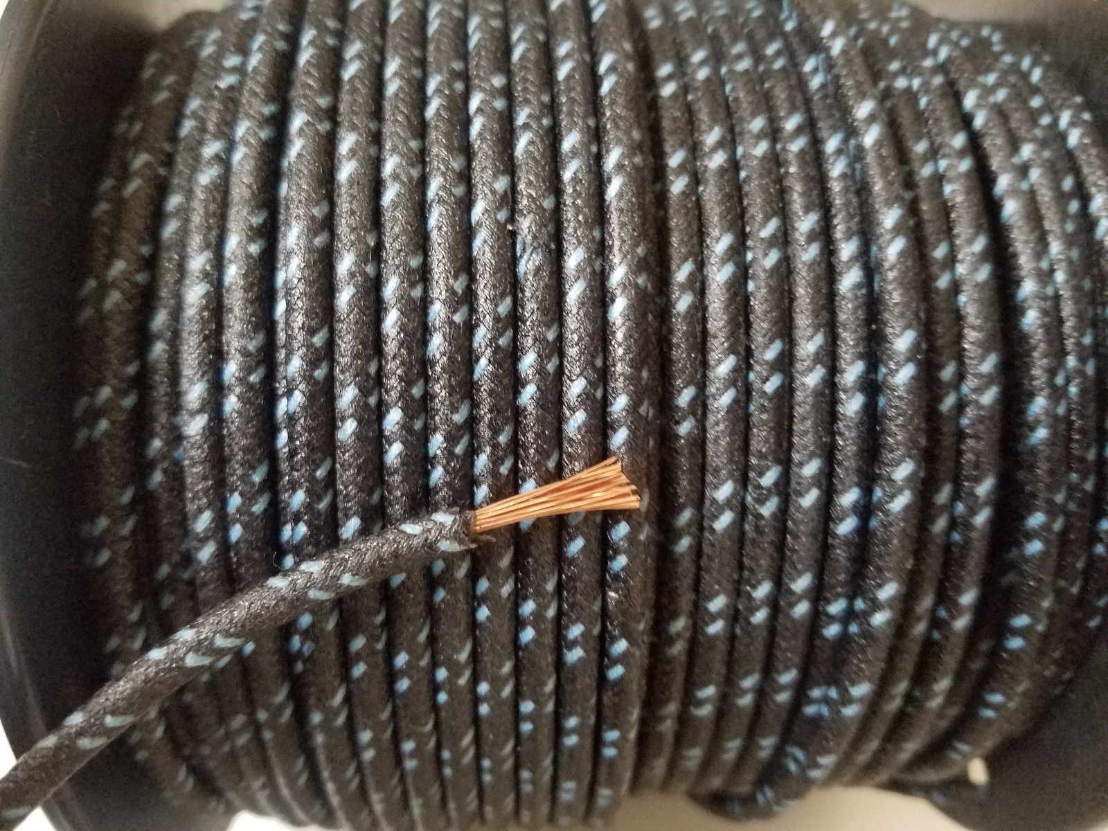5 feet Vintage Braided Cloth Covered Primary Wire 14 GA gauge Black w/ Blue