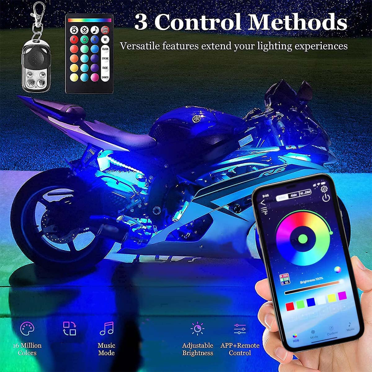 16pc RGB Motorcycle LED Neon Under Glow Lighting Kit For Harley Davidson Music