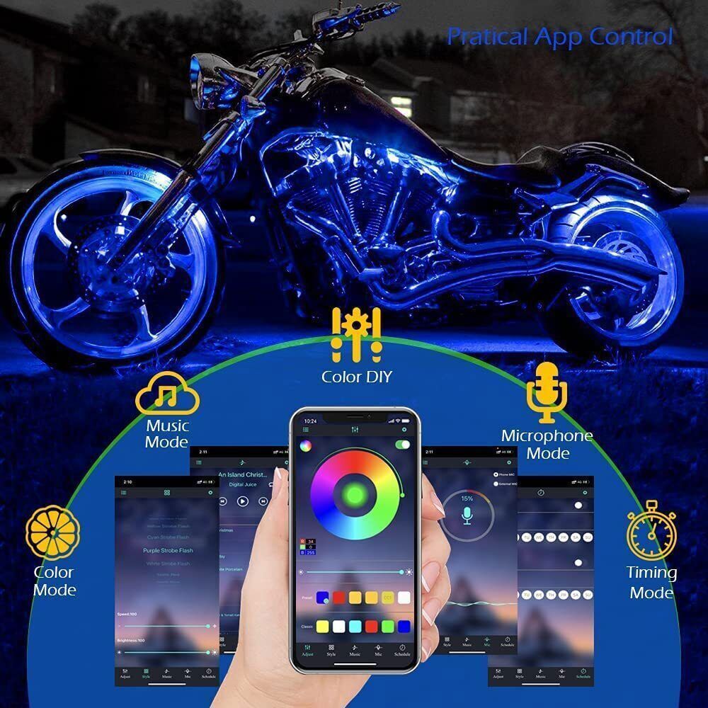 32 PCS Motorcycle RGB LED Strip Light Under Glow Neon Kit Bluetooth APP Control