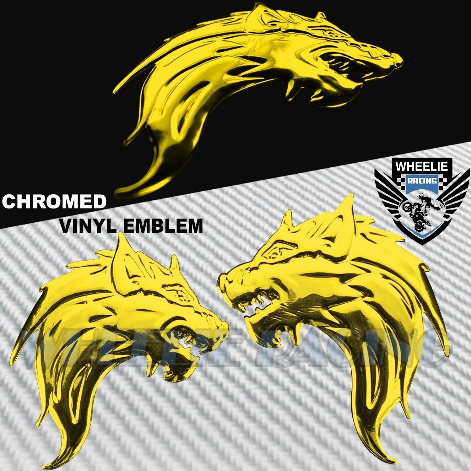 PAIR 3″ X2″ 3D ABS EMBLEM DECAL MOTORCYCLE FAIRING FENDER STICKER WOLF GANG GOLD