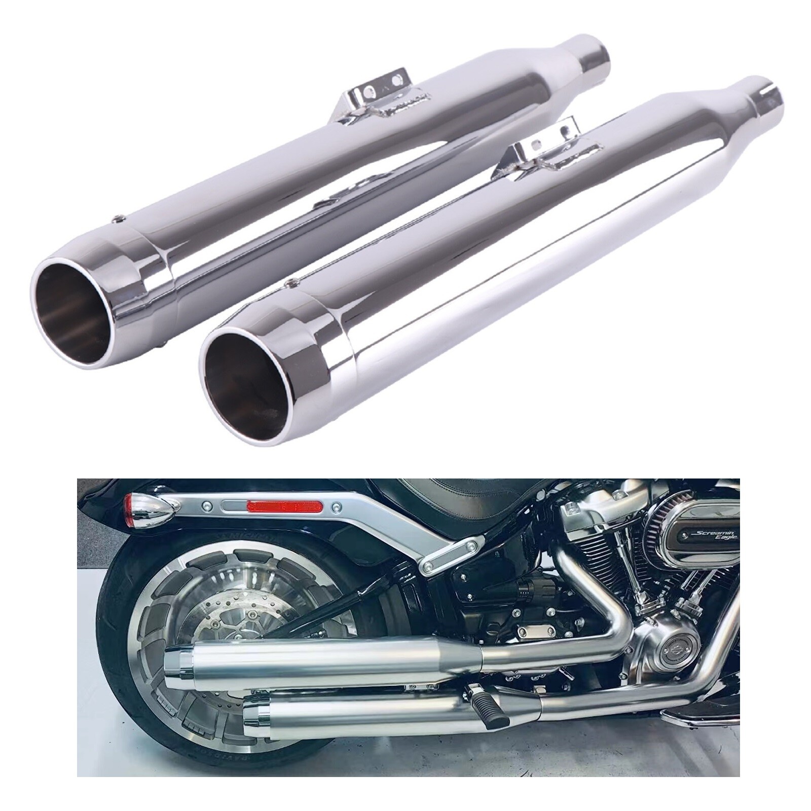 SHARKROAD 3.5″ Slip On Mufflers Exhaust Pipes for Softail M8 2018-2022 Chrome