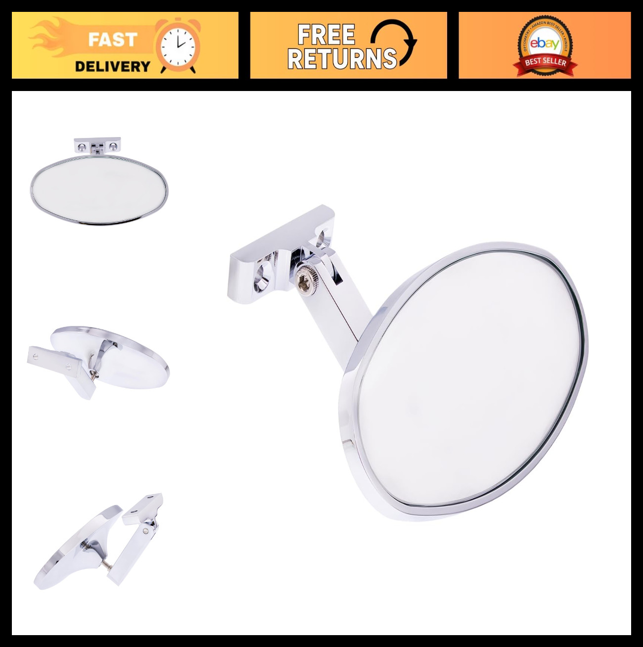 Chrome Plated Aluminum Oval Rear View Mirror for Hot Rods, Adjustable Arm, Easy