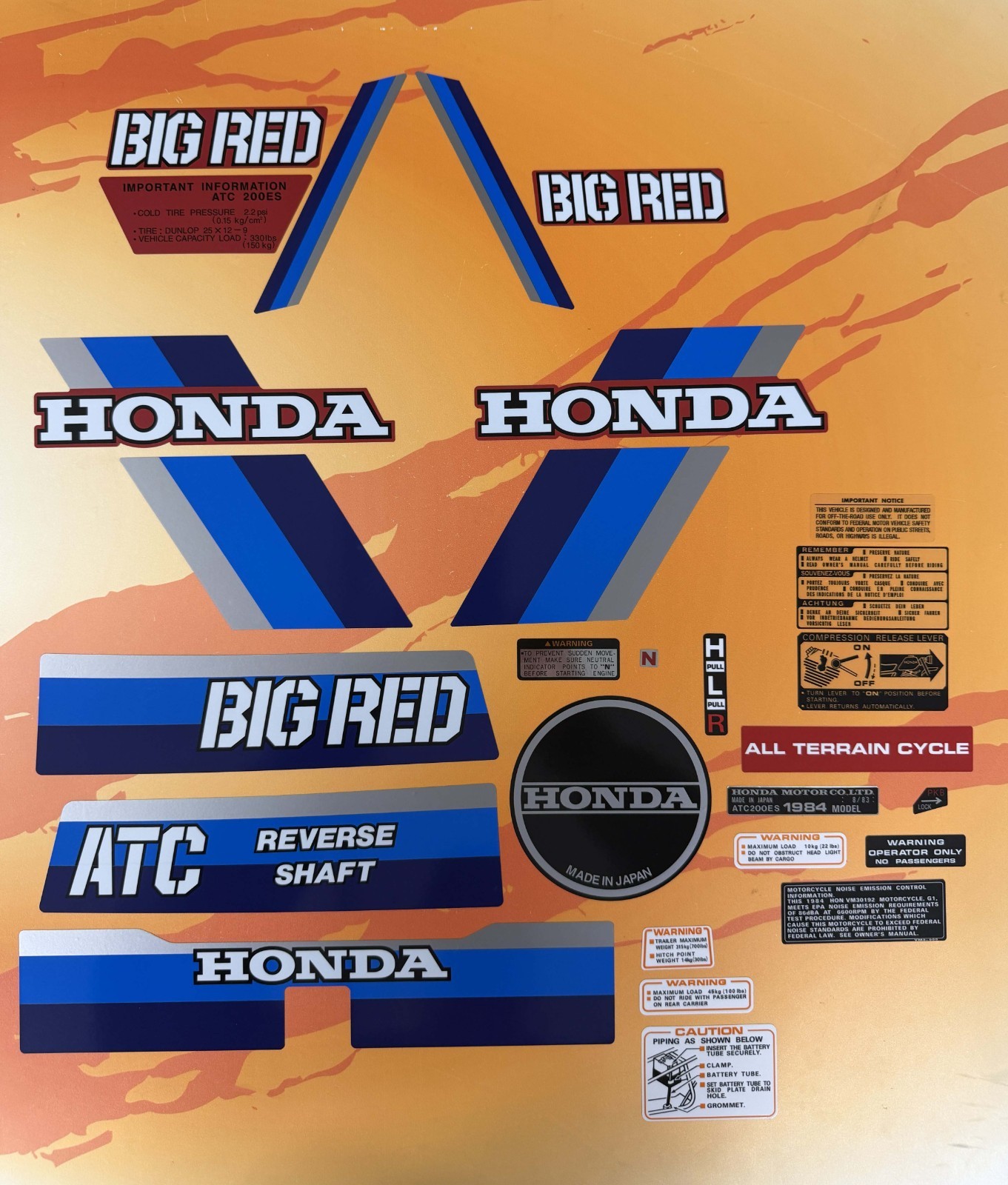 Honda 1984 ATC200ES Big Red Complete Decal Kit ATC 200E 200 84