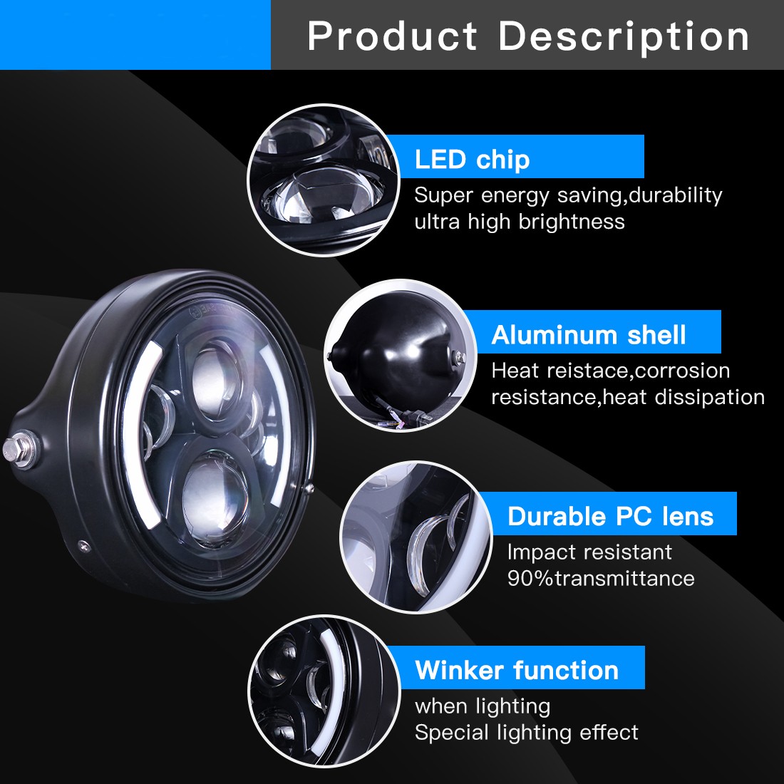 7 Inch LED Motorcycle Headlight Round For Harley Honda Suzuki Yamaha Kawasaki