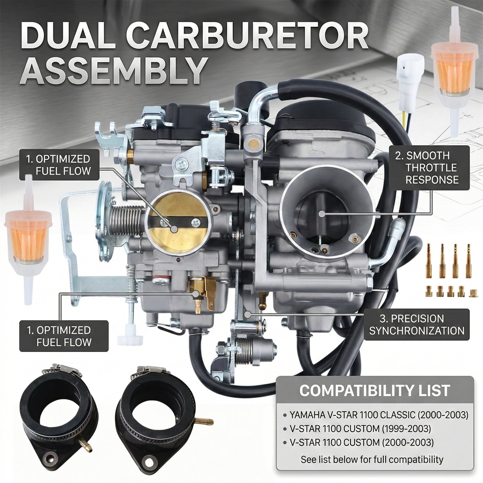 Carburetor & Intake Boot For Yamaha V-Star 1100 XVS1100 Custom Classic 1999-2009