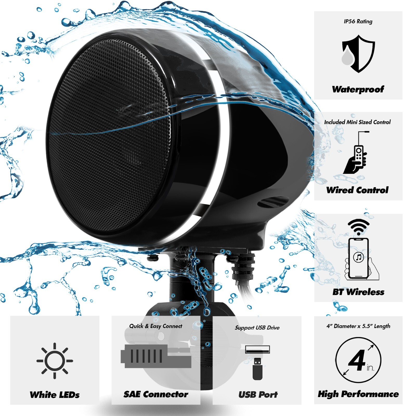 Motorcycle Bluetooth Wireless LED 300W Speaker Audio System Stereo ATV 4 Wheeler