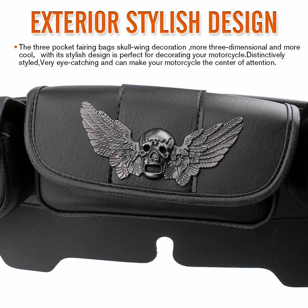 Skull Style Windshield 3 Pouch Pocket Fairing Bag Fit for Harley Electra Glide