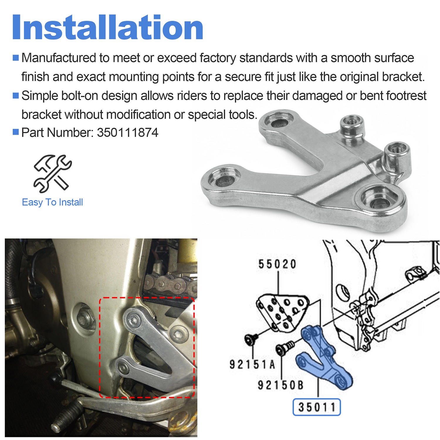 Front Left Foot Peg Support Bracket 35011-1874 for Kawasaki ZX-6R ZX-9R ZZR600