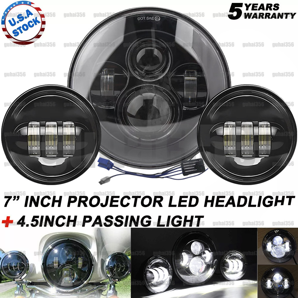 80W 7inch LED Projector Headlight + Passing Lights for Harley Touring Motorcycle