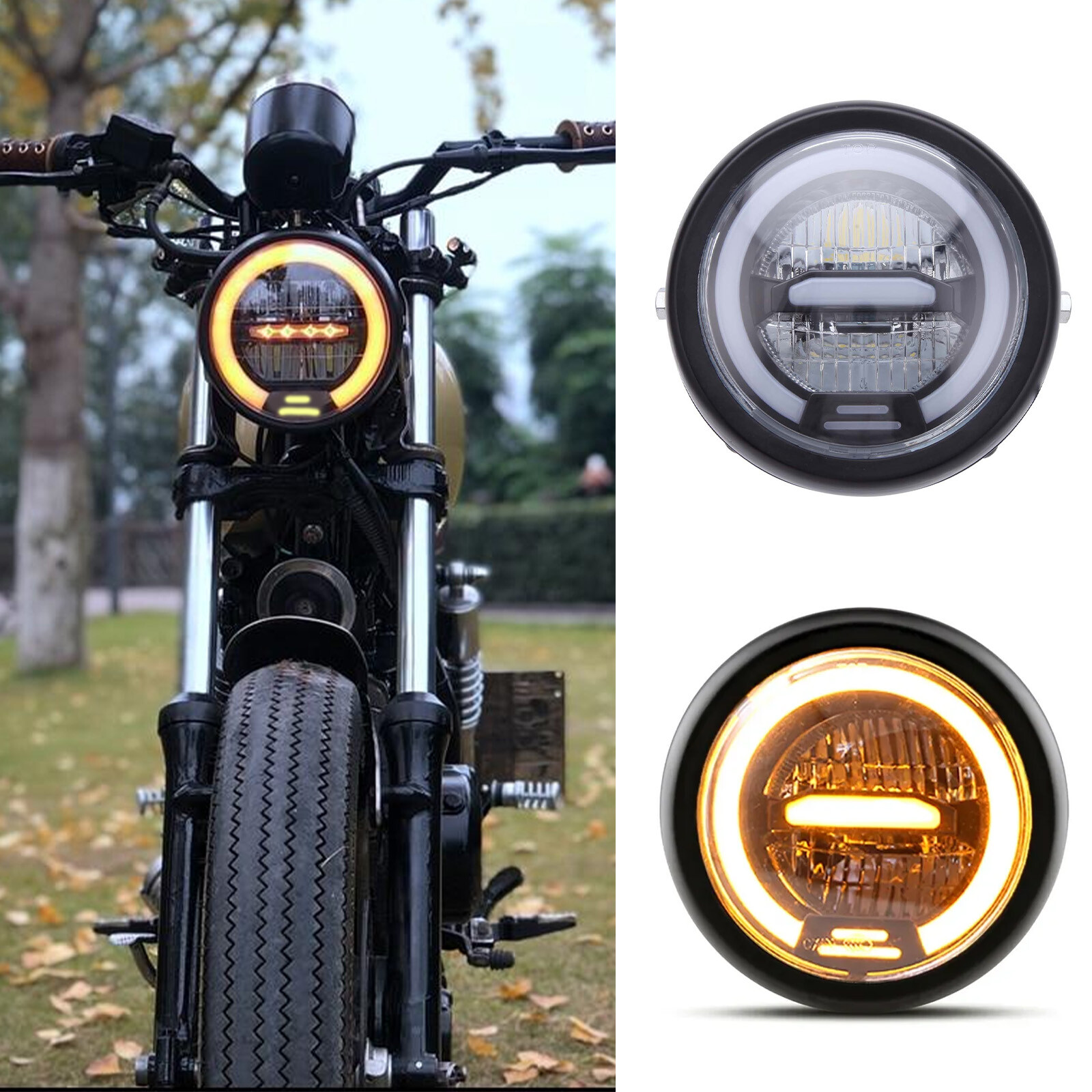 For Honda Kawasaki Yamaha Cafe Racer Bobber Motorcycle LED Headlight High/Lo DRL