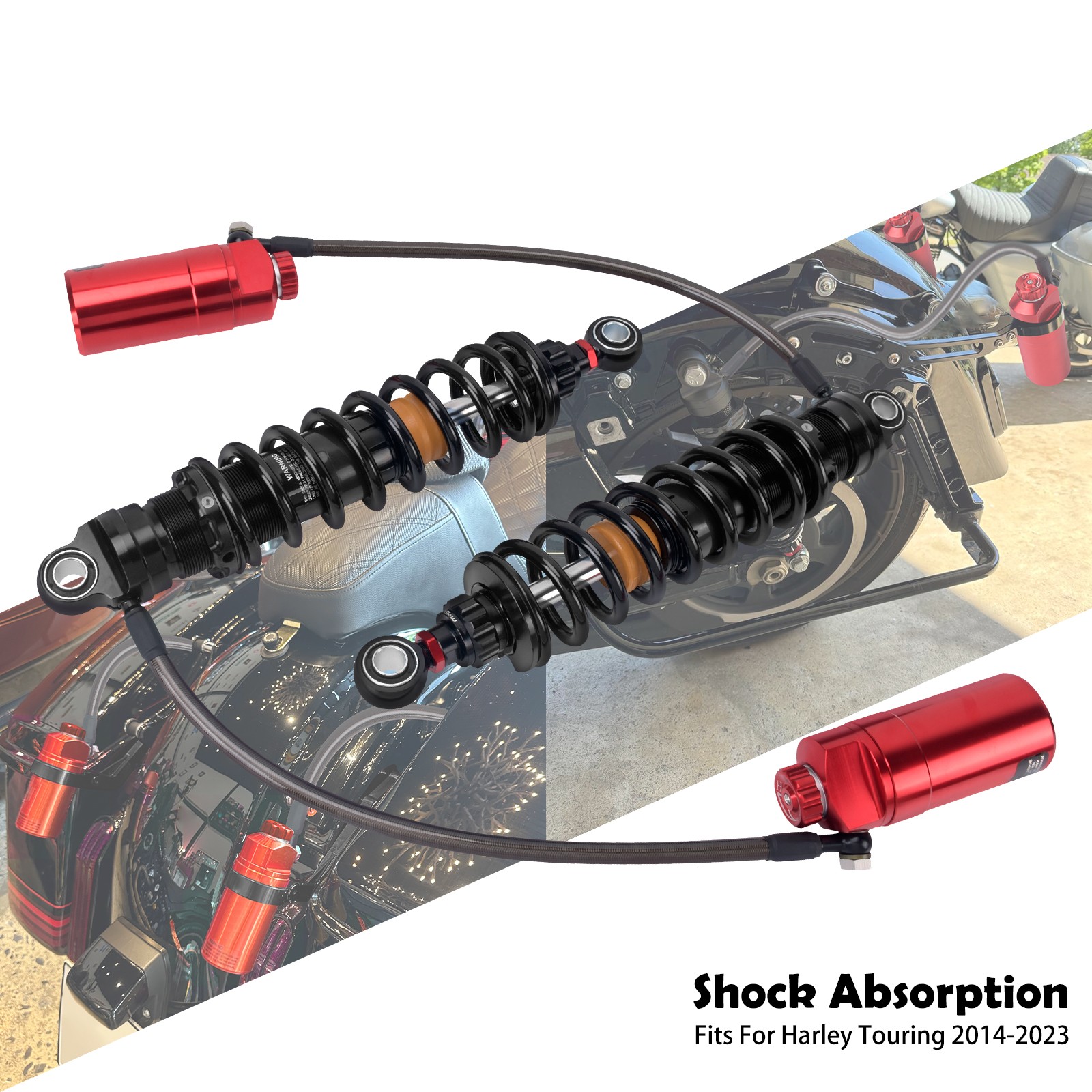 Red Remote Reservoir Rear Suspension Shocks For Harley Road Street Glide 14-2025