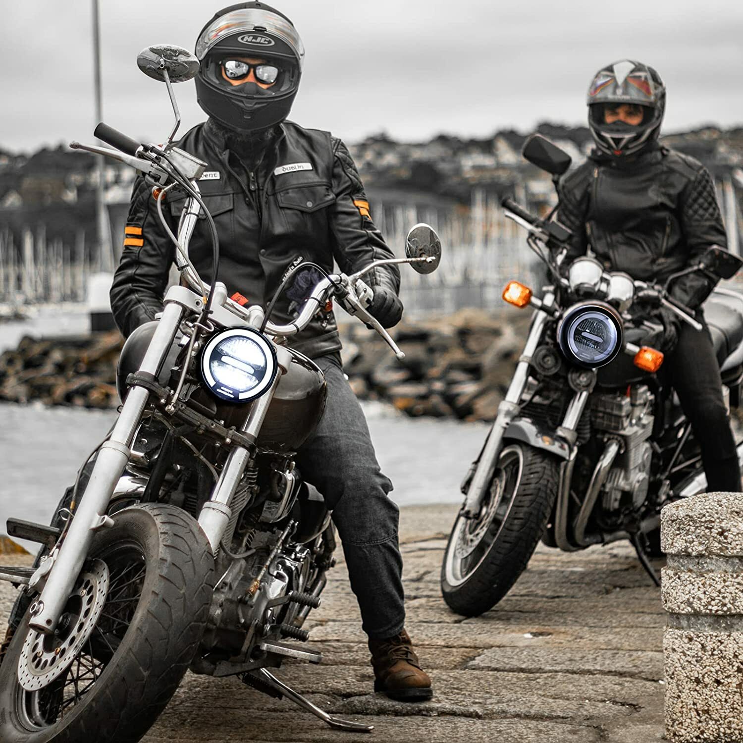 LED Motorcycle Round Headlight Hi/Lo DRL Yellow Light +Clamps For Coleman B200R