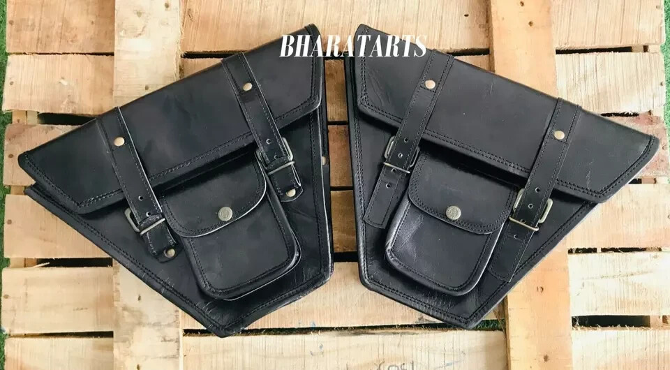 1 pair Motorcycle Saddle Bags Luggage Side Bag Black Genuine leather CAFE RACER