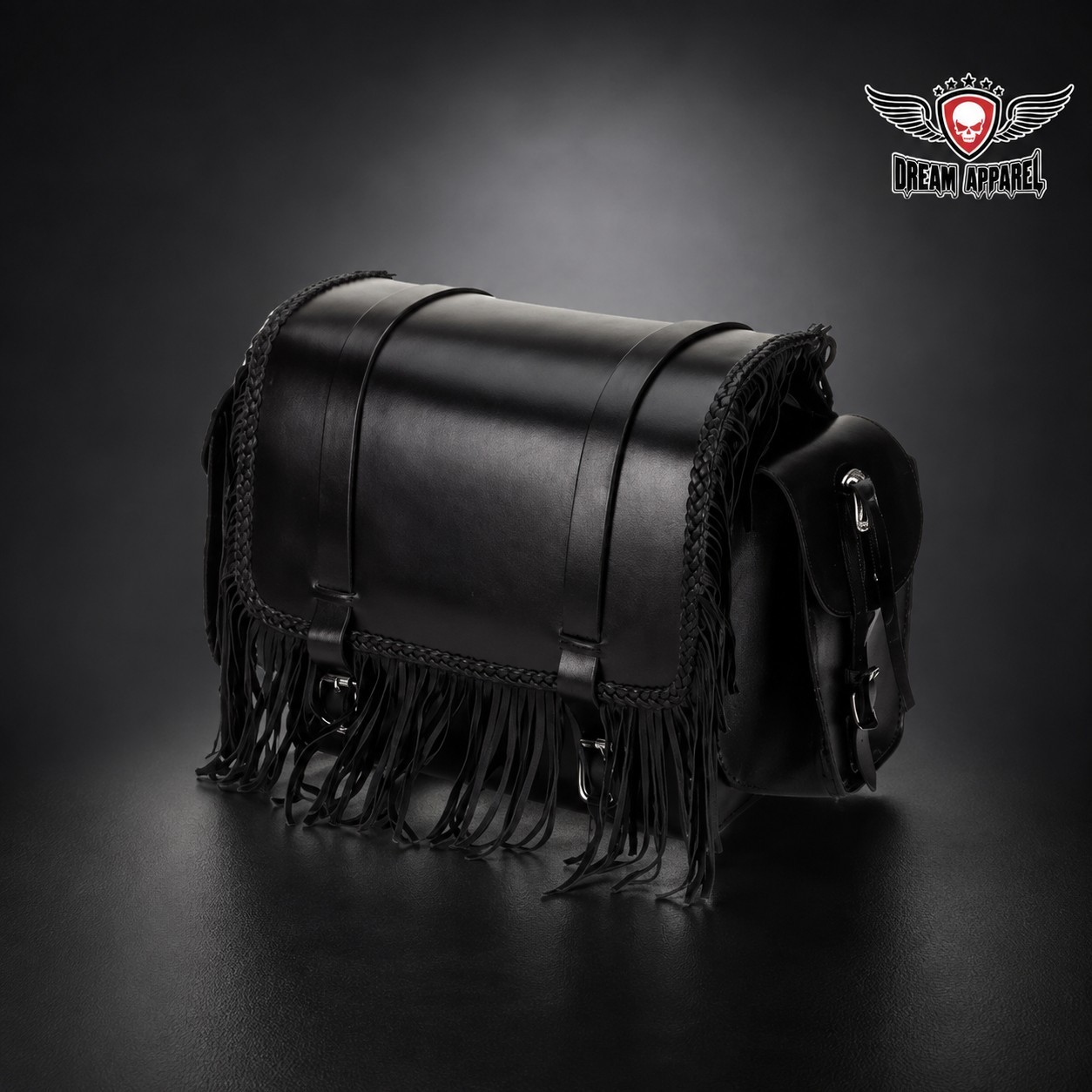 Motorcycle Black PVC Sissy Bar Bag Fringes & Braided Westerns Style Luggage