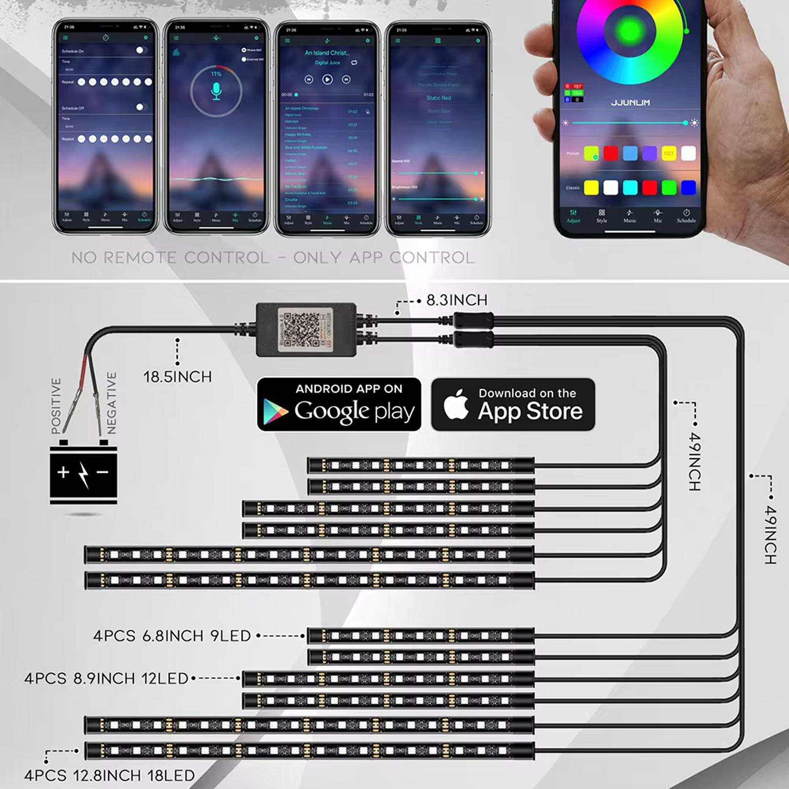 12pcs Motorcycle Underglow Neon Atmosphere Glow Light Strip Kit Control RGB APP
