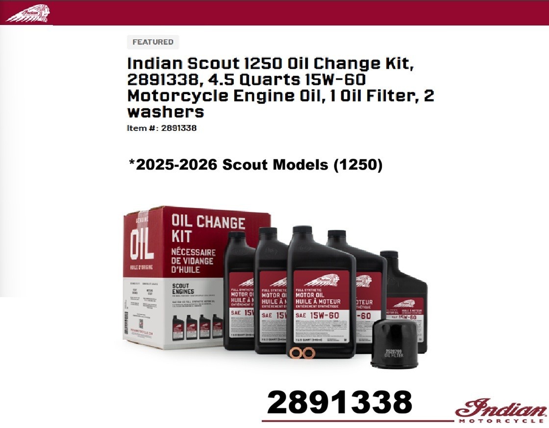 Indian Motorcycle 2025-2026 Scout 1250cc Full Syn 15W-60 Oil Change Kit- 2891338