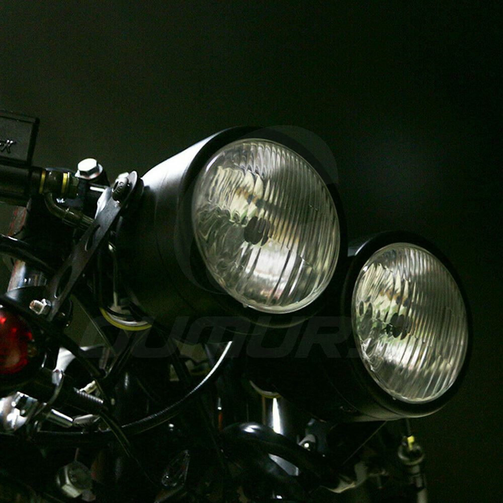 Black Twin Headlight Motorcycle Double Dual Lamp Street Fighter Universal