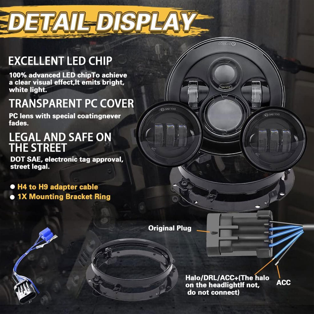 7Inch 140W LED Headlight Hi/Lo + 2Pcs 4.5Inch 80W Fog Light for Harley Davidson