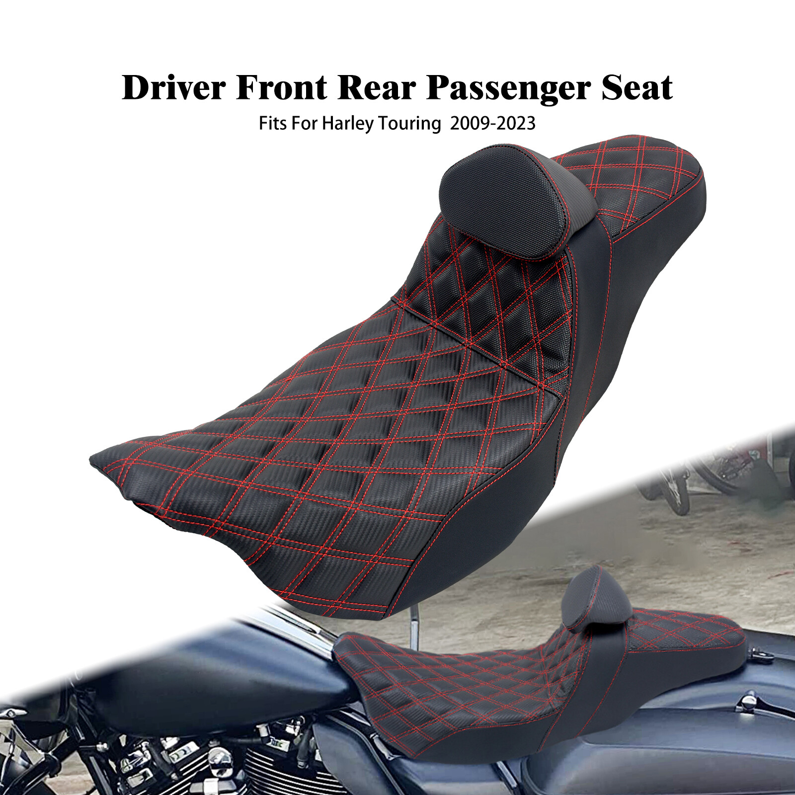 2 Up Seat w/ Driver Backrest Red Line For Harley Electra Road Street Glide 09-23
