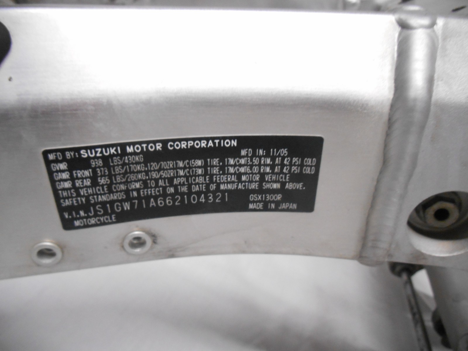 2006 Suzuki GSX1300R Hayabusa GSXR 1300 Gen 1 Busa OEM Main Frame Chassis 99-07