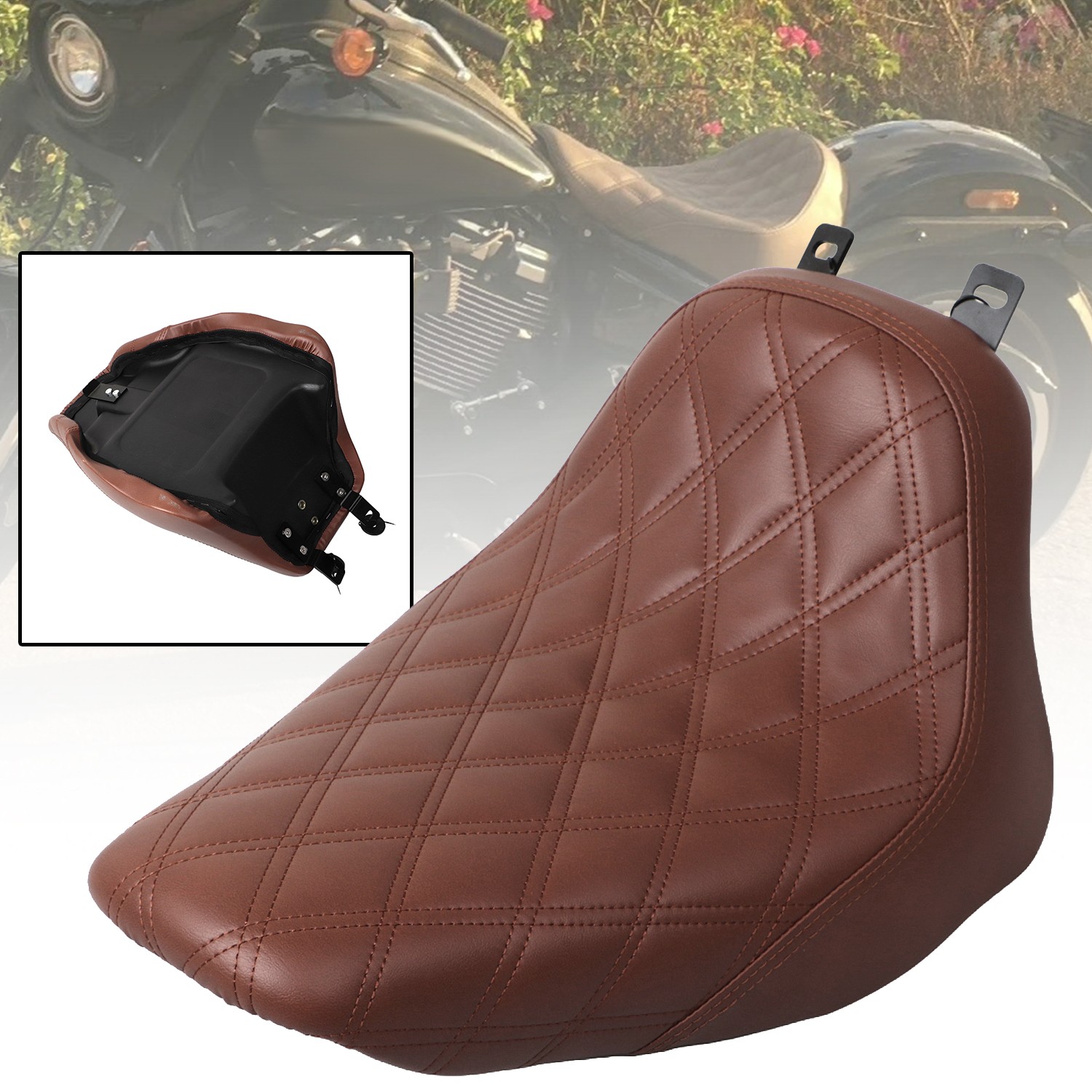 Diamond Brown Synthetic Leather + Ultra-Foam Solo Driver Seat For Harley Softail