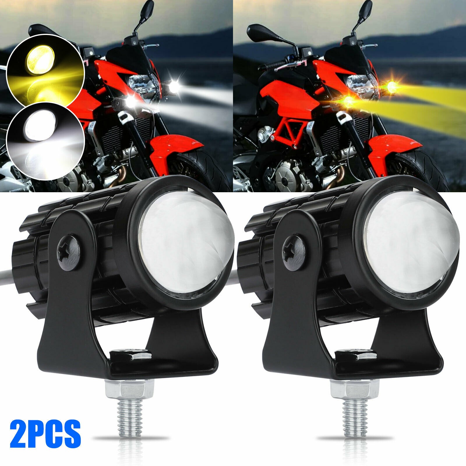 2Pcs LED Driving Fog Light Amber White Projector Lamp Headlight Motorcycle ATV